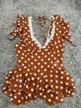 Kimchi Blue Rust Brown Polka Dot Lace-Trim Peplum Top